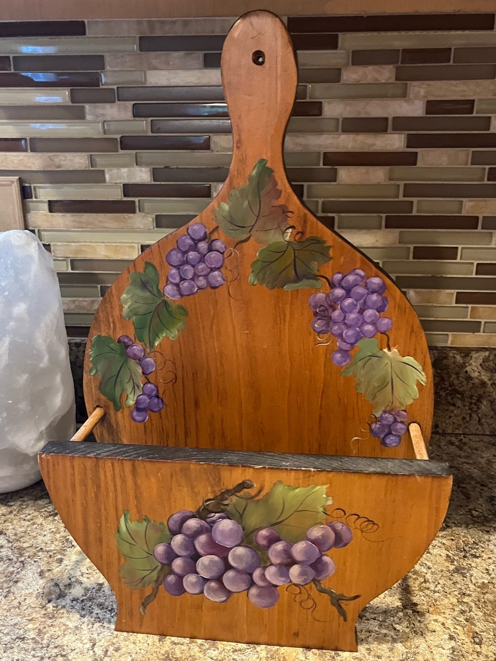 Vintage Wooden Paper Plate Holder / Plate Holder Hand Painted Grape Motif
